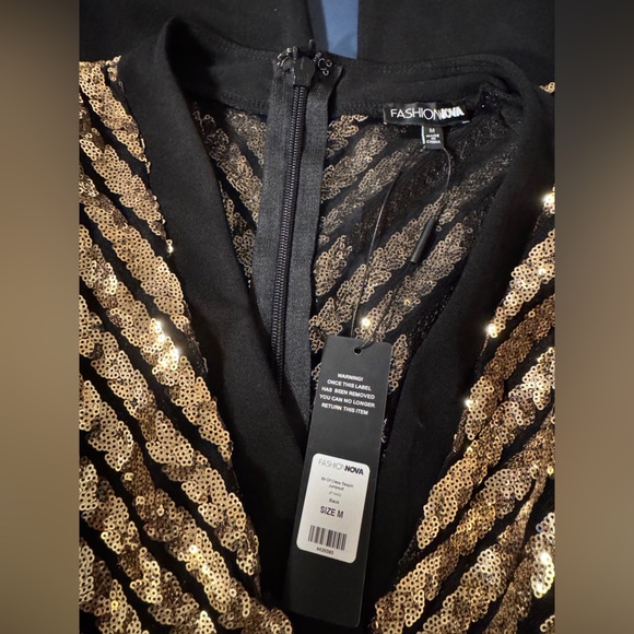 Elegant Black and Gold Sequin Wide Pant Jumpsuit - Picture 4 of 7